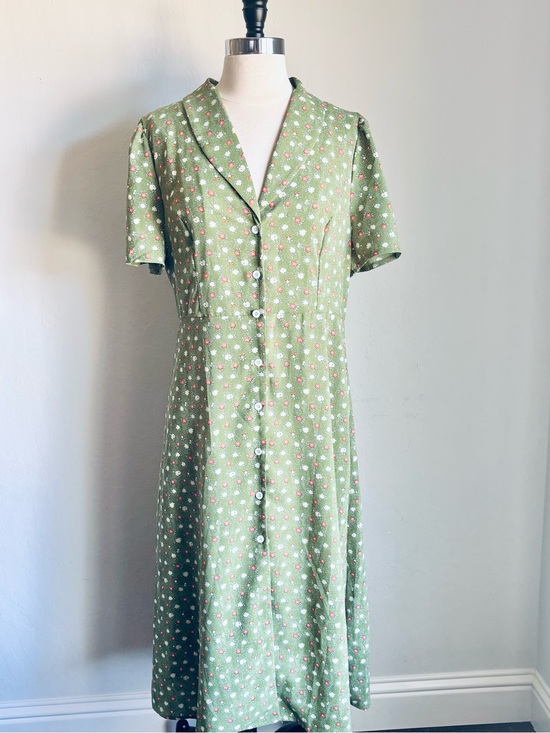 Dresses & Skirts - Green Ditsy Floral Print Button Down Midi Dress Retro 1940s Style
